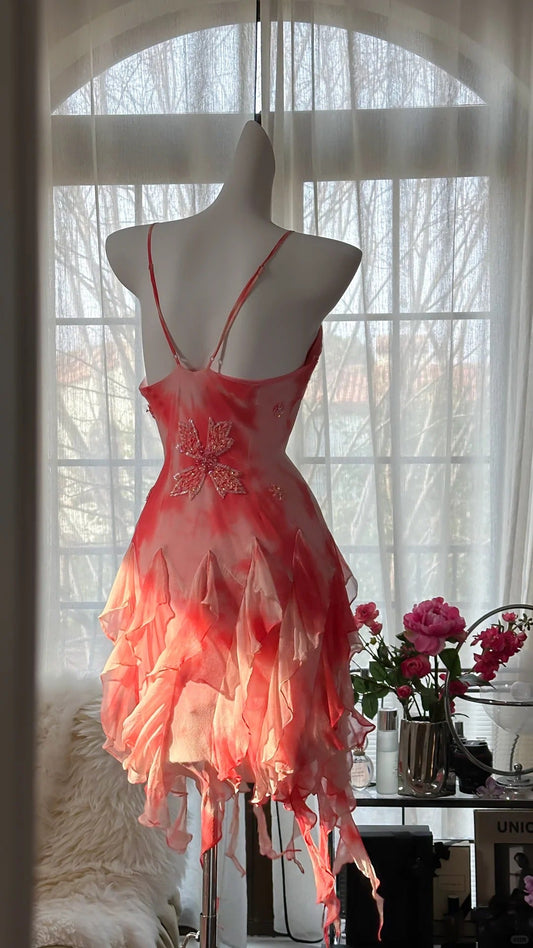 Pink Romantic Elegant Exquisite Floral Beaded Backless Short Chiffon Ruffle Homecoming Dress Ball Gown Evening Dress Birthday Holiday Party Dress Prom Dress gh4011