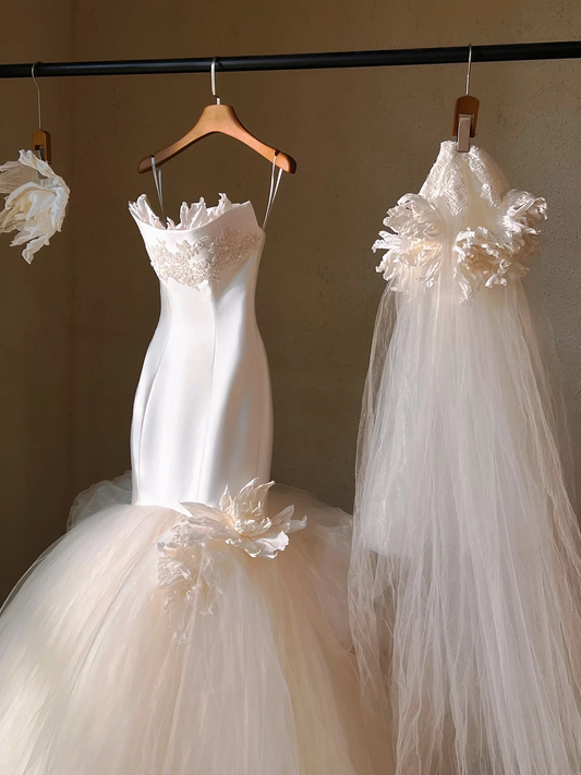 Gorgeous Satin Applique Strapless Mermaid Tulle Hem Wedding Dress TP5033