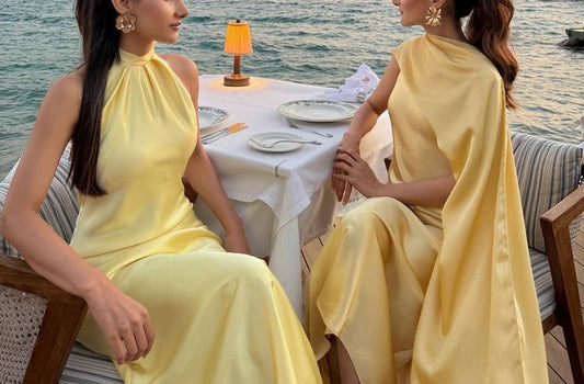 amakanas-Yellow Elegant Simple Long Chiffon Satin Bridesmaid Dress gh5954