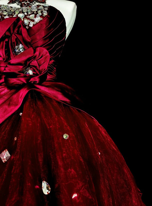 amakanas-Red short birthday dress, tulle back-to-school dress gh6140