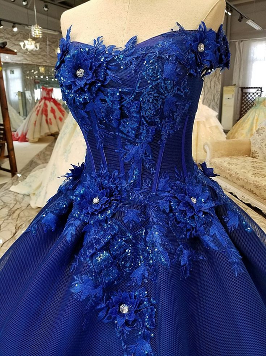 Royal Blue Off-The-Shoulder Evening Dresses, Appliques Formal Prom Dress SH846
