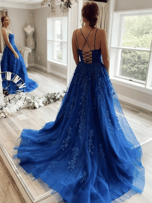 A Line Backless Blue Lace Long Prom Dresses, Blue Lace Backless Long Formal Evening Dresses