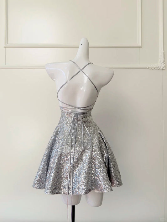 Silver shiny niche vintage dress short sequin homecoming dress birthday cocktail party dress gh4306