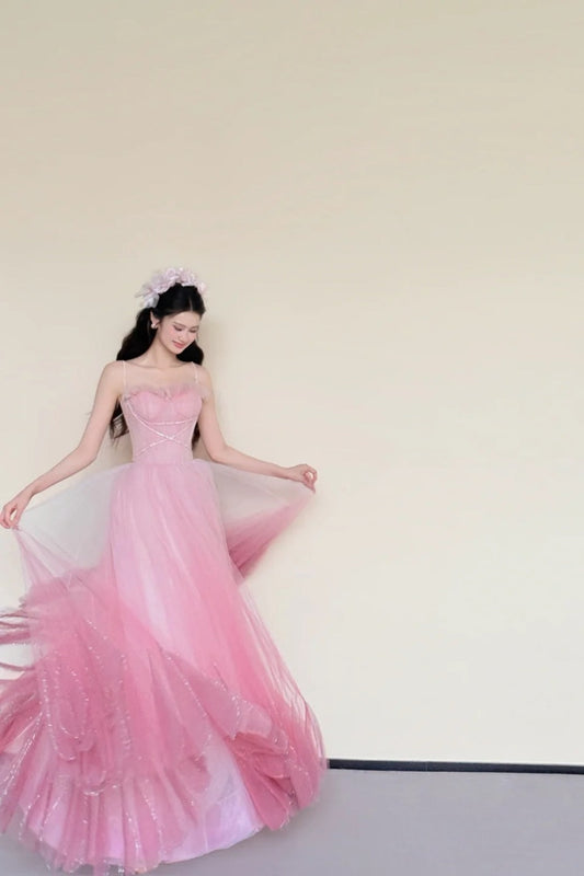 amakanas-Flower Fairy Dress Pink Shiny Sweet Exquisite Beaded Long Tulle Ball Gown Evening Gown Graduation Gown gh5980