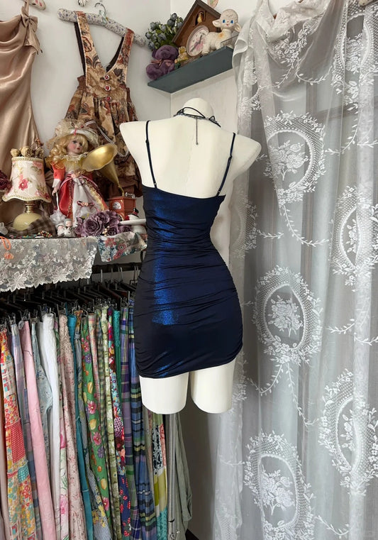 amakanas-Navy blue shiny vintage short satin tight homecoming dress birthday dress gh5231