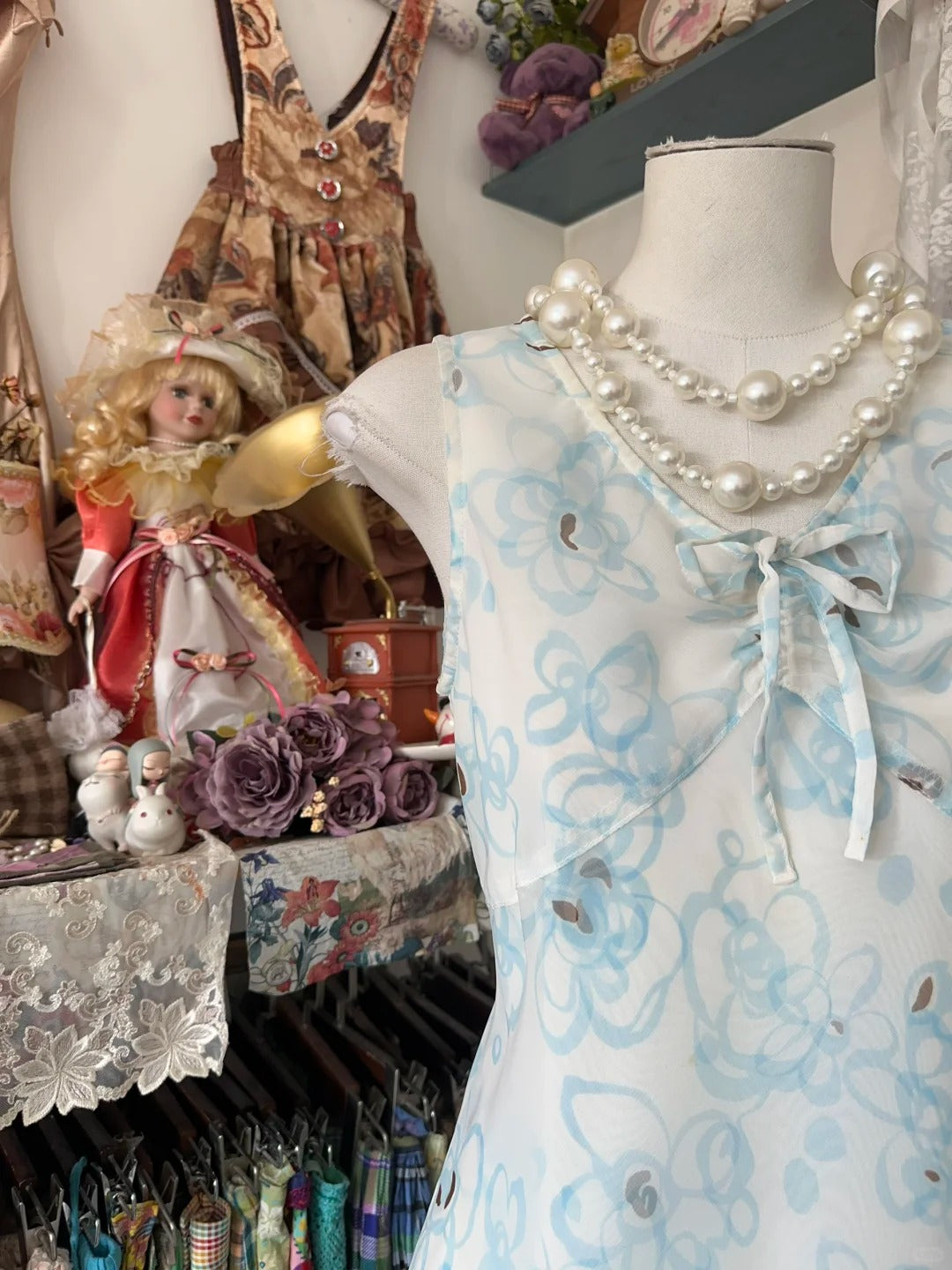 amakanas-Blue Floral Midi Chiffon Homecoming Dress Party Gown gh5247