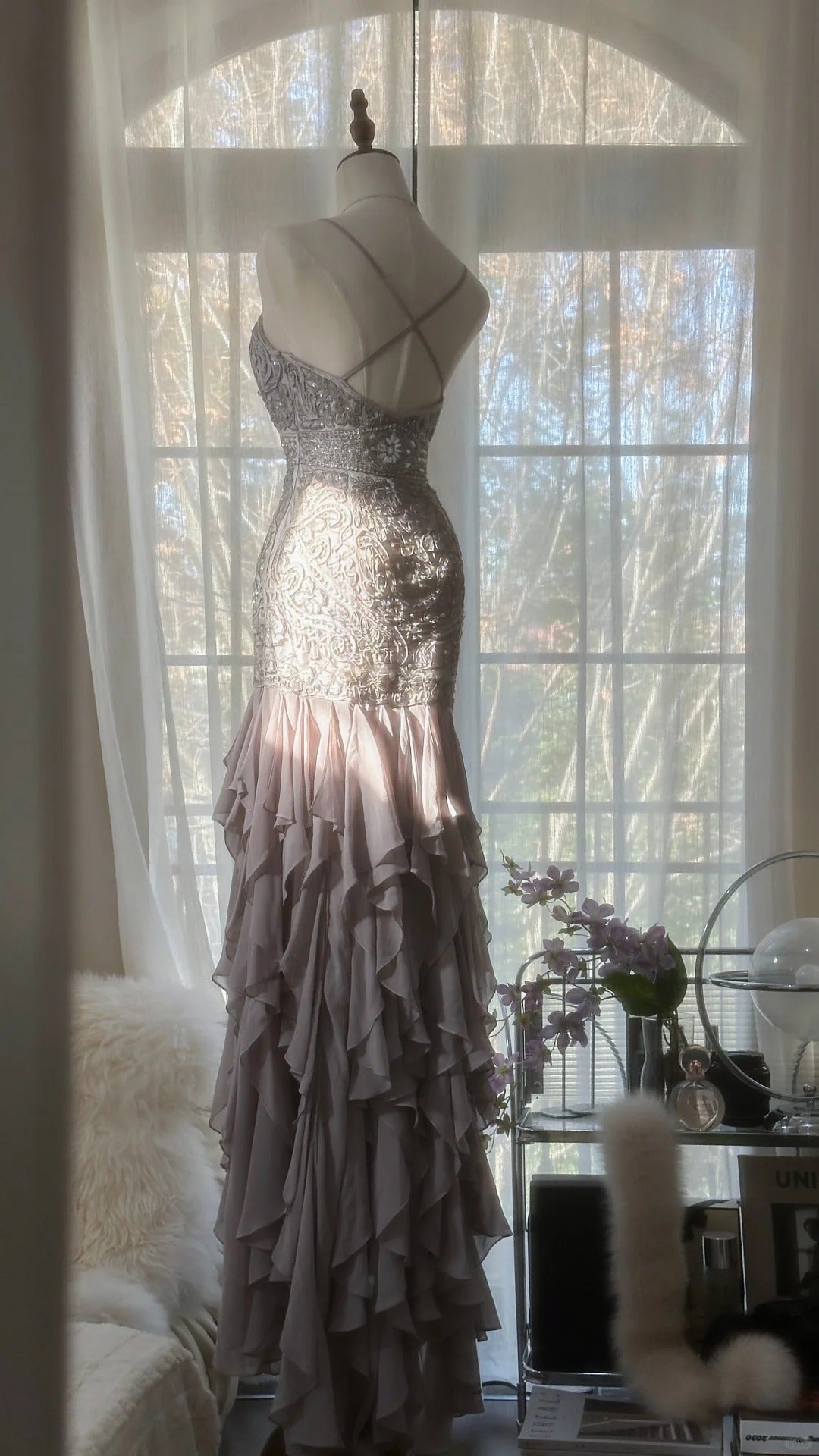 Purple Romantic Gorgeous Exquisite Elegant Beaded Lace Long Chiffon Evening Gown Ball Gown Prom Dress Birthday Holiday Party Dress gh4046