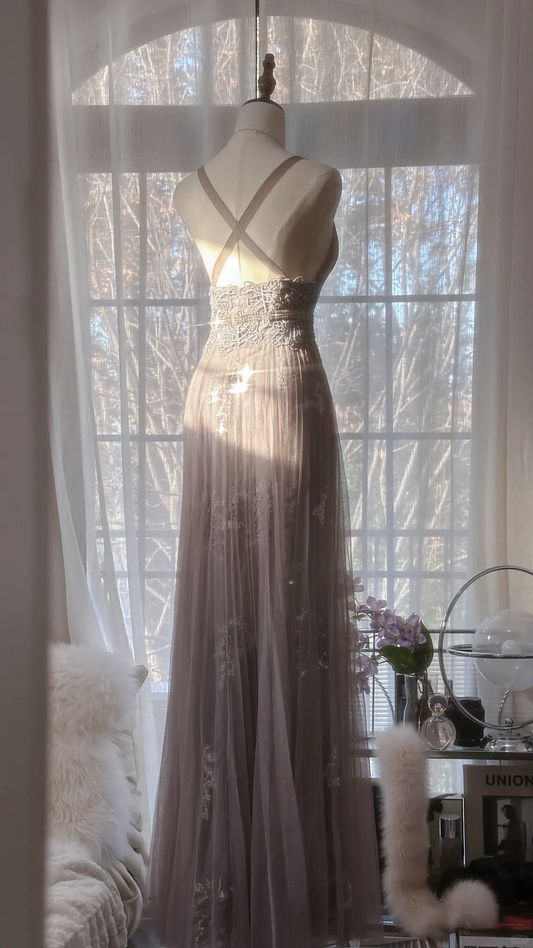 Vintage Light Purple Applique Design Romantic Chiffon Evening Dress Prom Dress TP4013