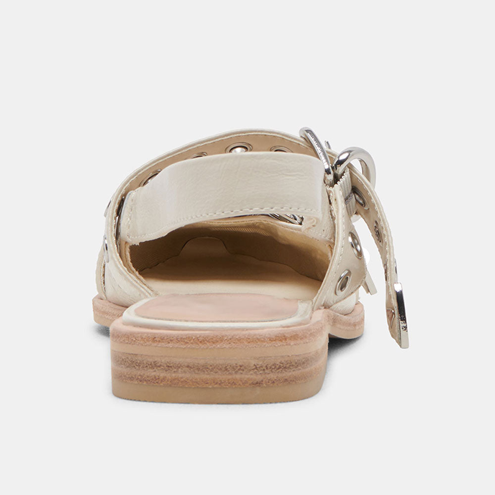 Ivory Patent Leather Pointed Toe Studded Slingback Strappy Flat Pumps