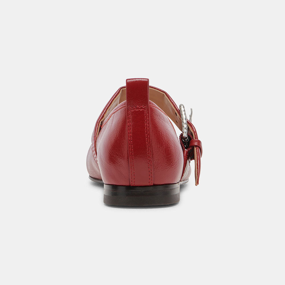 Red Vegan Leather Square Toe Flat Buckle Mary Jane Shoes