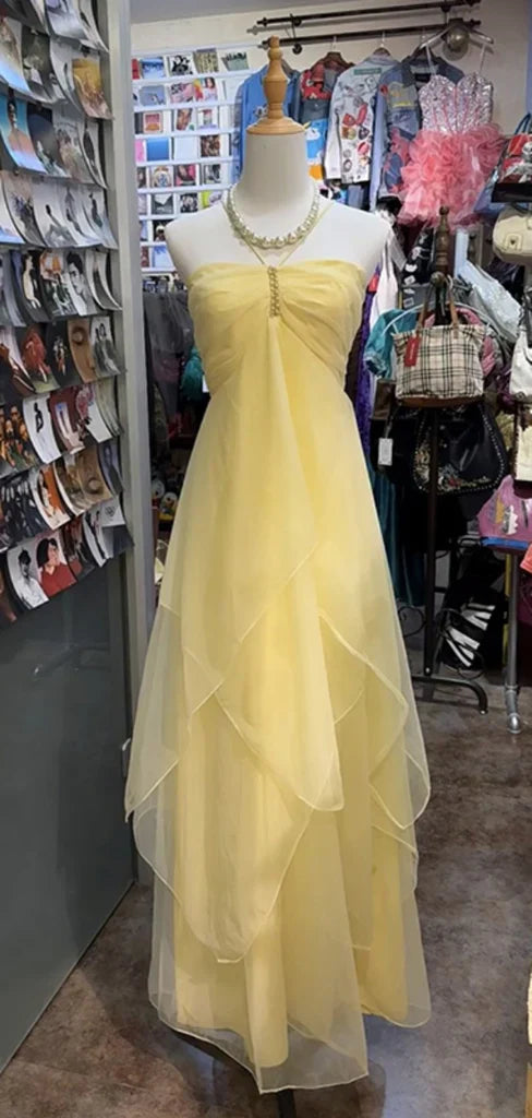 Yellow Elegant Sweet Sleeveless A-Line Tulle Long Chiffon Ball Gown Party Dress Bridesmaid Dress Wedding Guest Party Dress gh4116