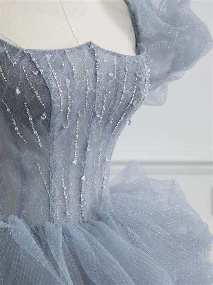 Gray tulle long prom dress A-line evening dress fg3409