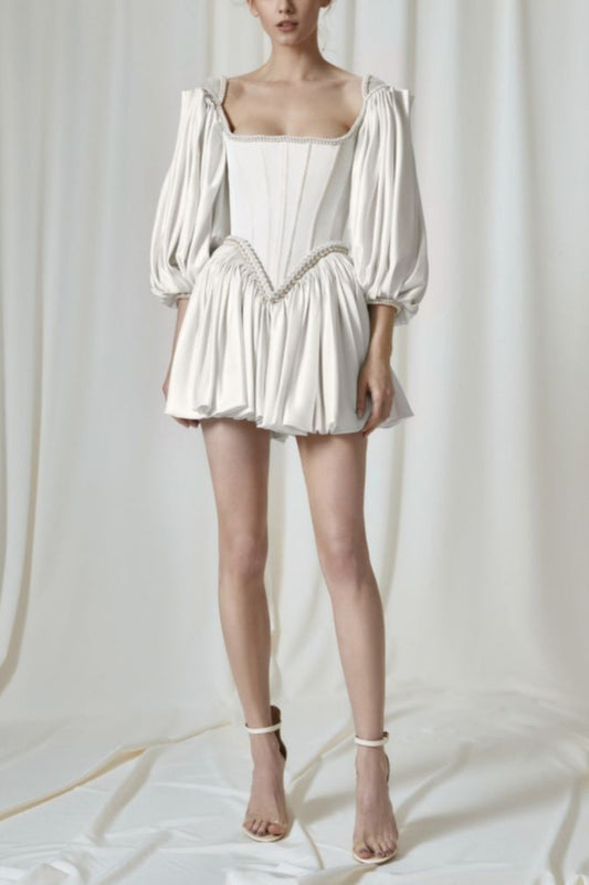 amakanas-White Vintage Elegant Long Sleeve Short Satin Formal Homecoming Dress gh5333