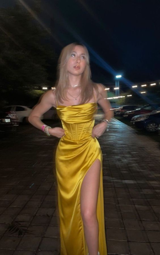 Yellow Satin Spaghetti Straps Slit Prom Dress Evening Dress SH1121