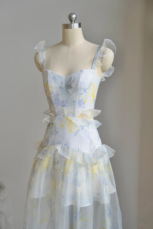 amakanas- Vintage Watercolor Print Ruffled Spaghetti Strap Long Forest-Style Evening Gown gh6035