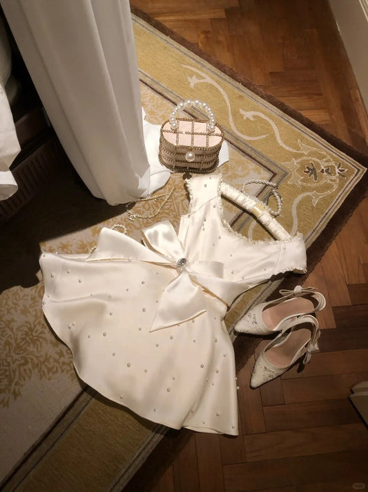 amakanas-White Beaded Short Satin Eighth Grade Dress Homecoming Dress Birthday Party Dress gh5291