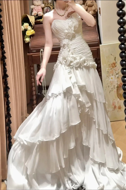 amakanas-White Sweetheart Neckline Floral Long Tulle Princess Formal Prom Dress Graduation Dress Evening Dress Wedding Dress gh5976
