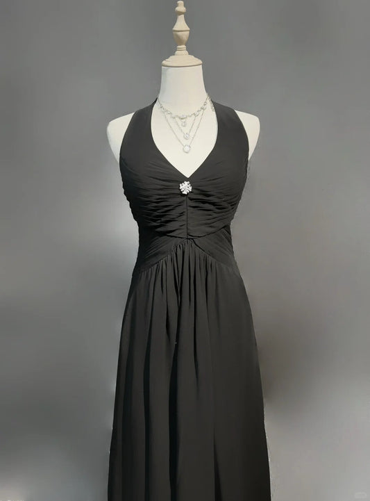 Black Retro Simple Fashion Elegant Exquisite Rhinestone Suspender Long Tulle Floor-Length Prom Dress Evening Dress Prom Dress Party Dress Bridesmaid Dress gh3858