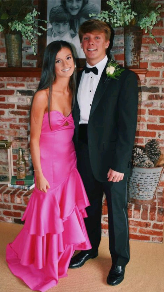 Hot Pink Satin Mermaid Prom Dresses Long Evening Gowns With Tiered fg3023