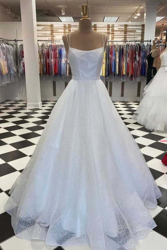 White tulle sequin long prom dress white tulle evening dress fg2668