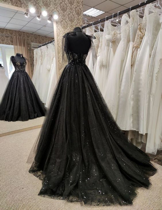Black Wedding Dresses with Beaded Lace Appliques fg2666