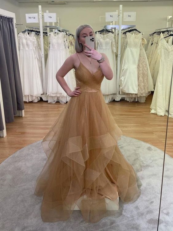 Gold v neck tulle sequin long prom dress gold evening dress fg2703
