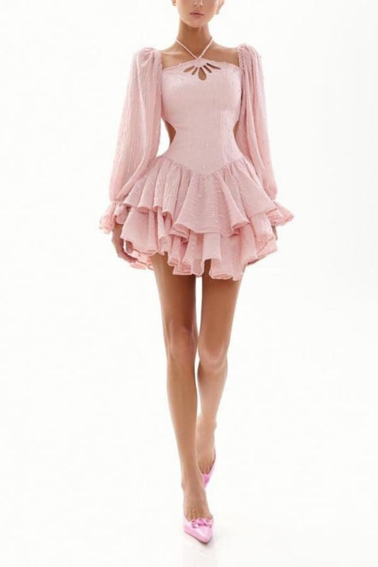 amakanas-Pink Sweet Long Sleeve Short Chiffon Ruffle Homecoming Dress gh5334