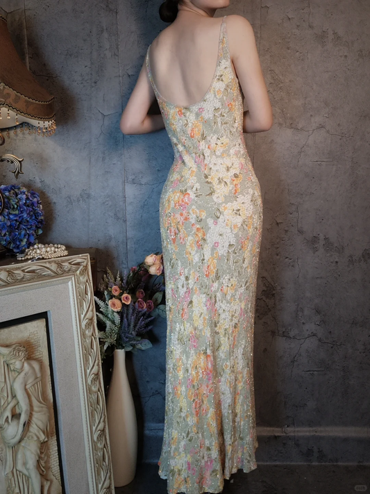 Vintage Floral Spaghetti Strap Sparkling Beaded Design Romantic Chiffon Evening Dress Prom Dress TP4027