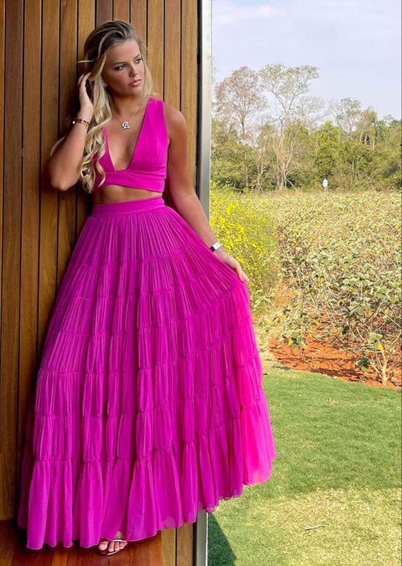 Hot Pink Two Piece Prom Dress, Evening Dress fg2634