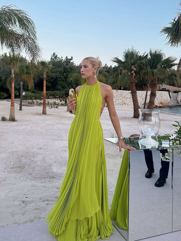 Yellow green fashion pleated backless long elegant chiffon ball gown evening dress party dress gh3127