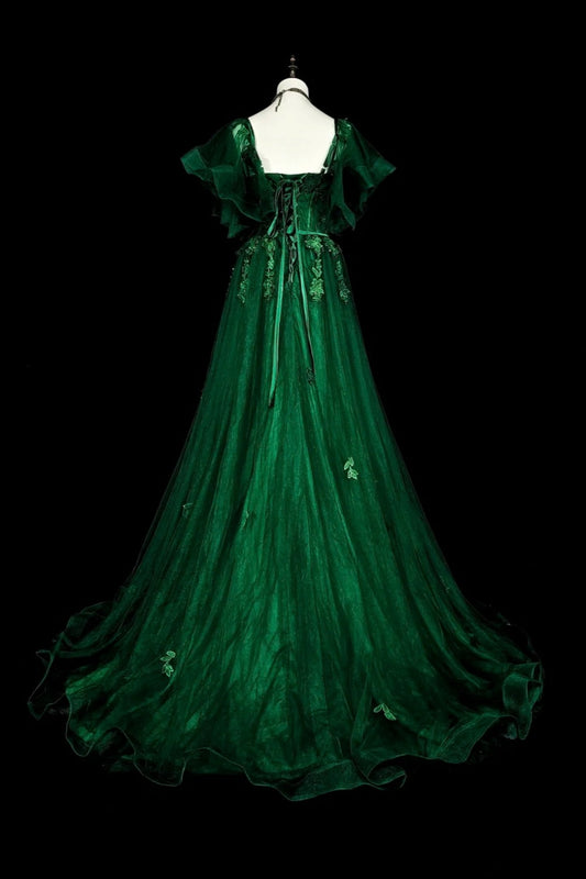 amakanas-Green vintage-style delicate floral short-sleeved long tulle ball gown gh6133