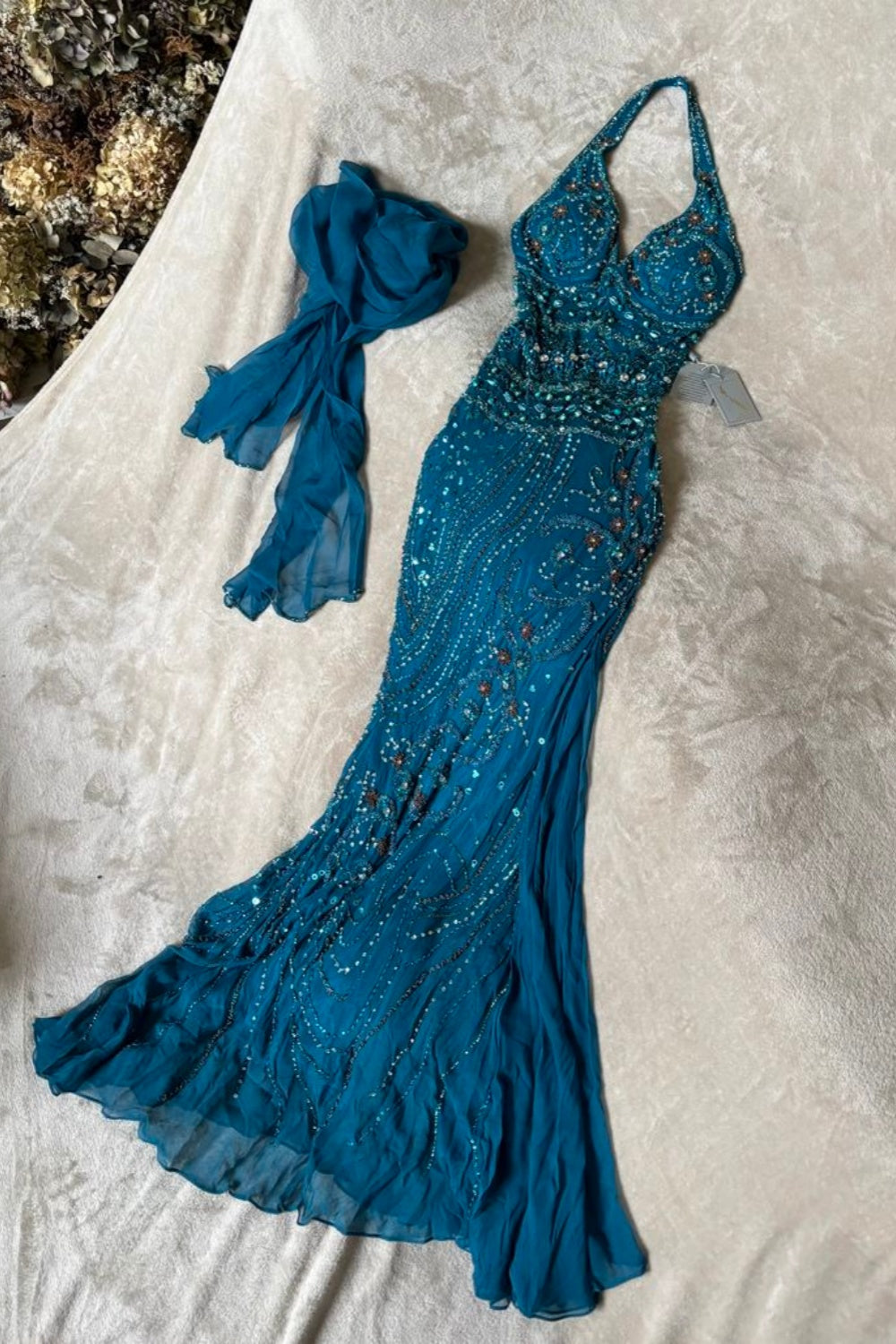 amakanas-Blue delicate beaded chiffon long dress gh6153