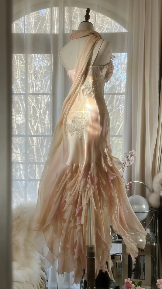 Vintage Mermaid Beaded Floral Design Romantic Chiffon Evening Dress Prom Dress TP4014