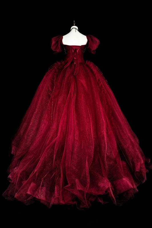 amakanas-Burgundy Retro Sparkling Short-Sleeved Long Tulle Ball Gown gh6134