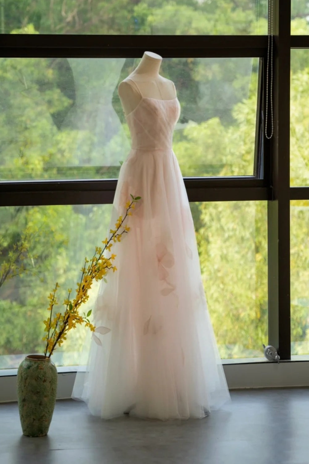 amakanas- Vintage Pink Tulle 3D Floral Spaghetti Strap Long Forest-Style Evening Gown gh6094