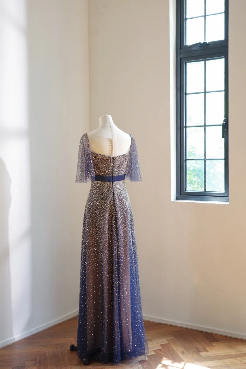 amakanas-Vintage Blue-Gold Gradient V-Neck Sequin Bow Long Evening Gown gh6030