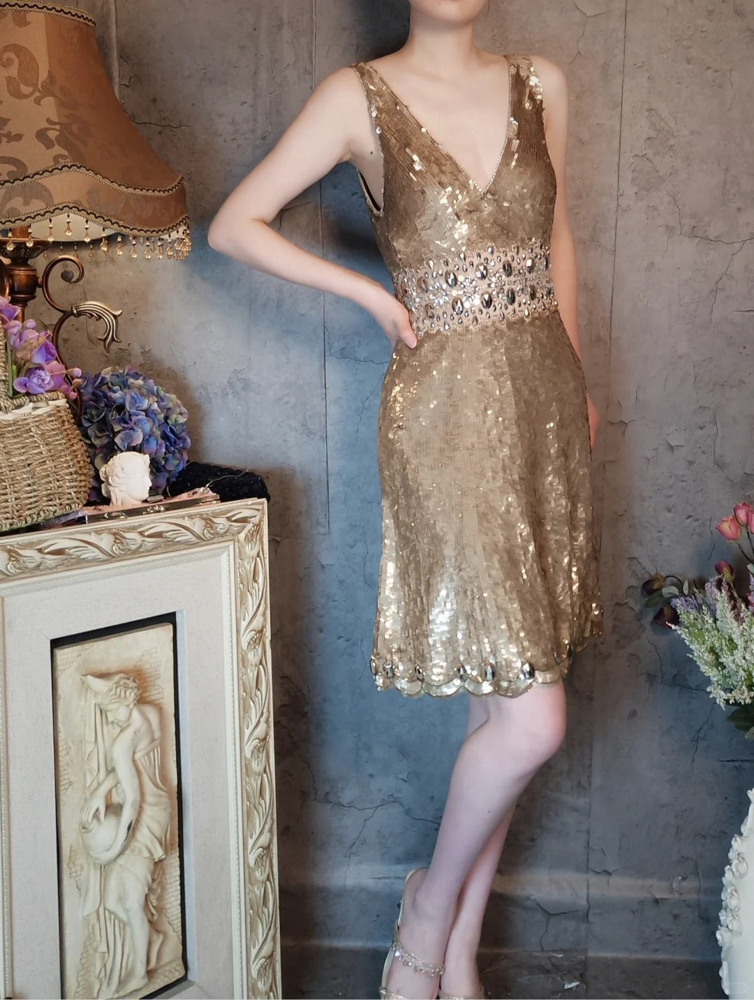 Gold gorgeous vintage beaded sequins elegant long sequin homecoming dress prom dress evening dress cocktail party dress gh4798