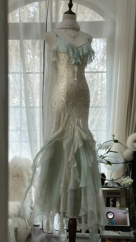 Elegant Mermaid Sparkling Beaded Spaghetti Strap Romantic Chiffon Evening Dress Prom Dresses TP3981