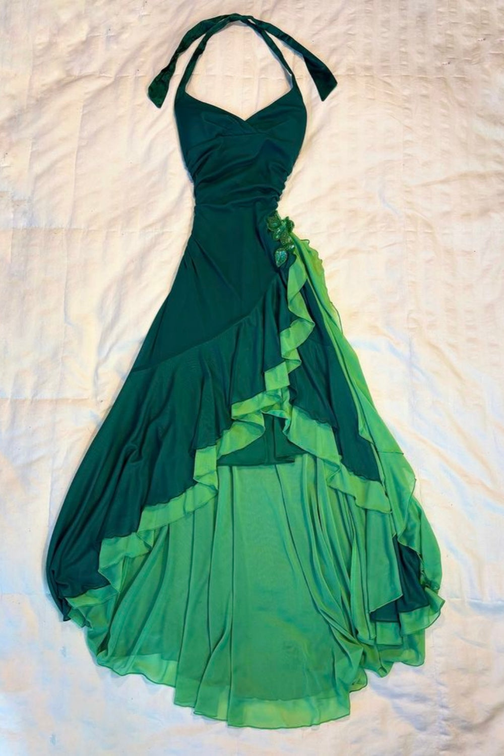 amakanas-Vintage Green Gradient Halter Neck 3D Floral Ruffled Long Evening Gown gh6018