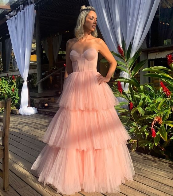 Pink tulle prom dresses long evening dress fg2454