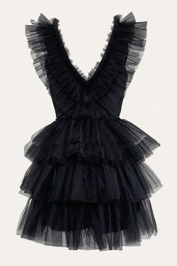 A Line V Neck Tiered Homecoming Dress, Tulle Short Prom Party Dress fg2546