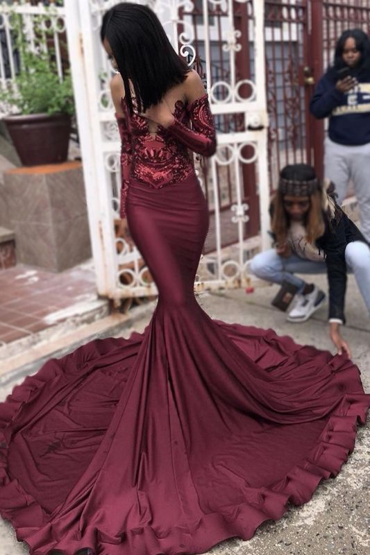 Sexy Burgundy Sequins Mermaid Prom Dresses | Long Sleeves Evening Dresses fg2399