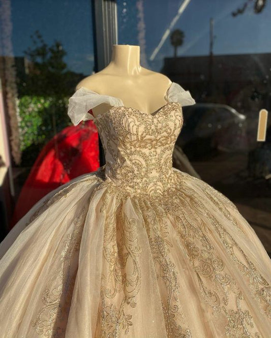 Off Shoulder Champagne Quinceañera Dress Party Ball Gown fg2474