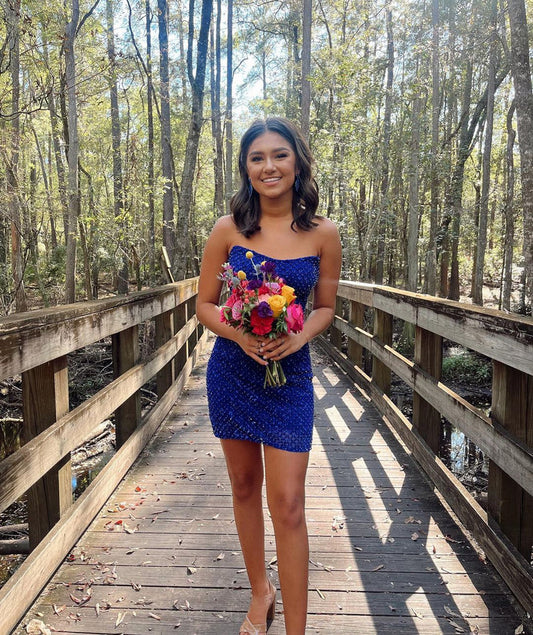 Cute Spakrly Strapless Blue Sequins Short Homecoming Dresses fg2421