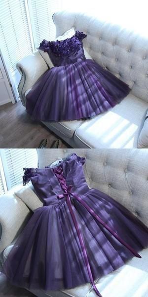 A-Line Grape Tulle Off Shoulder Homecoming Dresses With Beading fg2541