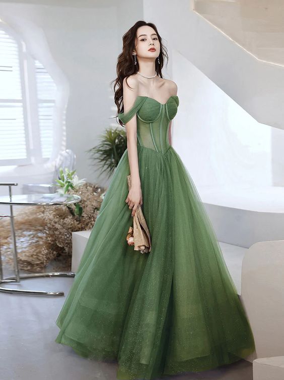 Green Sweetheart Neck Tulle Long Prom Dress, Green Evening Dress fg2625