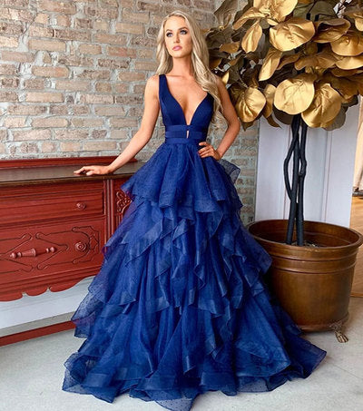 Blue v neck tulle long prom dress, blue evening dress fg2502