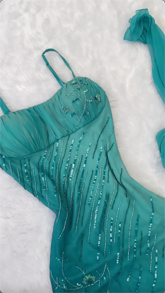 amakanas-Teal Gradient Sling Gown, Sequin Embroidered Mermaid Dress with Matching Scarf Evening Gown gh6002