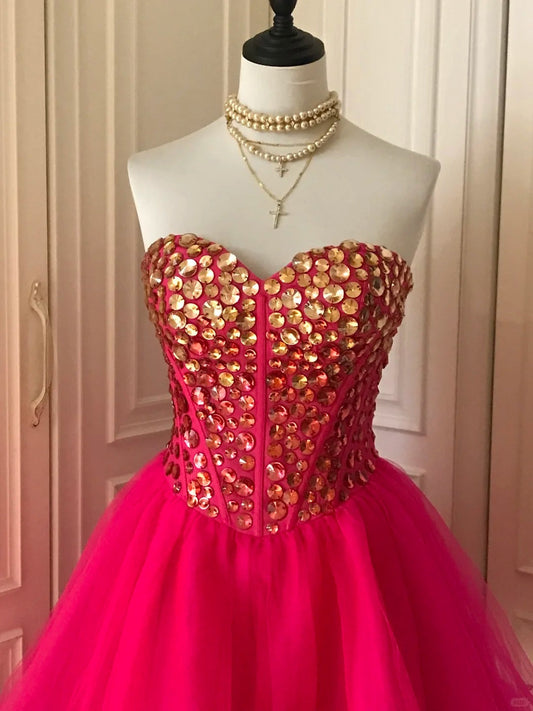 _¤ï_Pink retro noble princess short homecoming dress sequined tulle ball dress evening dress gh4392