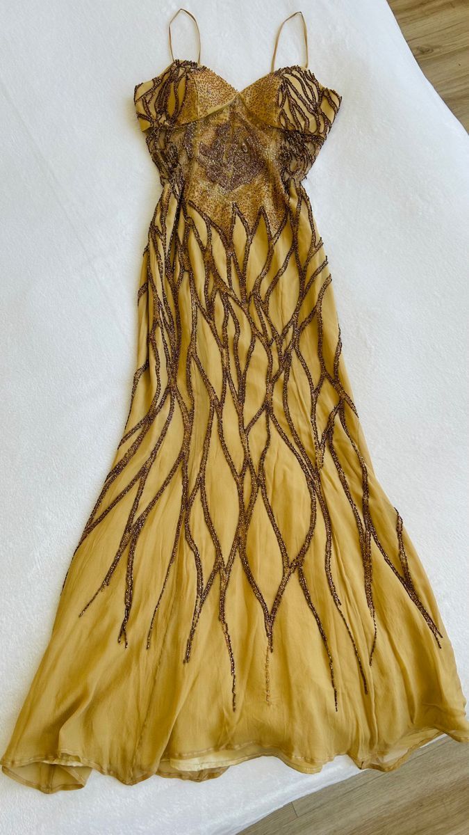 amakanas-Vintage Gold-Brown Vine Sequin Spaghetti Strap Long Evening Gown gh6021